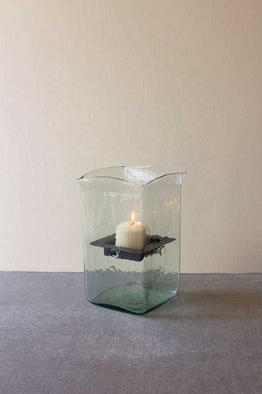 SQUARE CANDLE HURRICANE - SMALL: Clear / Glass/Metal / 6.5" x 6.5" x 11"t