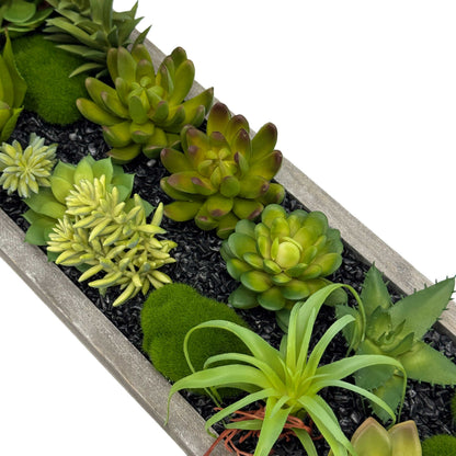 Faux Succulents in 31" Wooden Tray with Handles Black Rocks