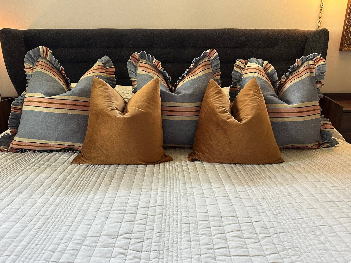 Foxy Blue Striped-Ruffle Pillow Cover: 22x22 Cover Only