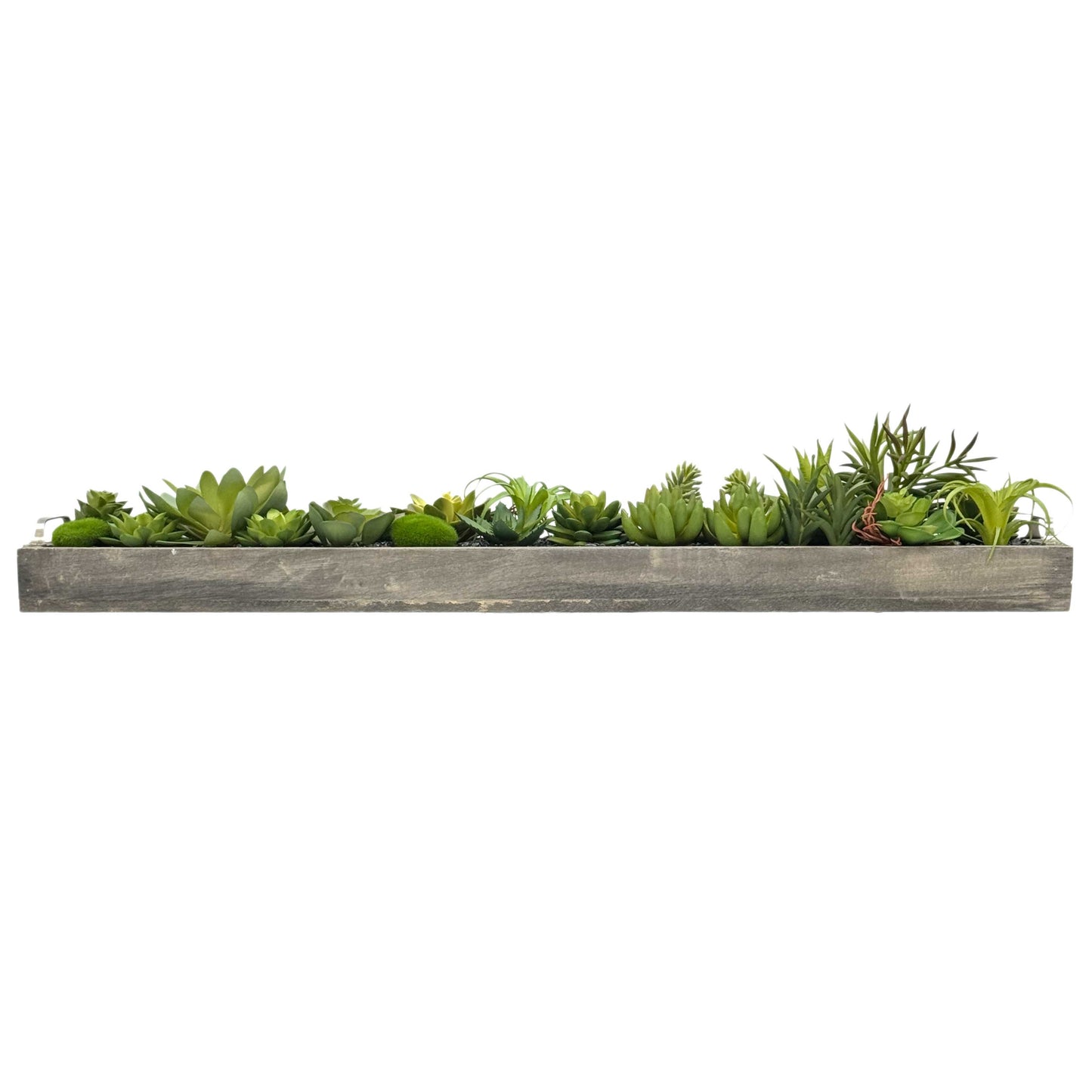 Faux Succulents in 31" Wooden Tray with Handles Black Rocks
