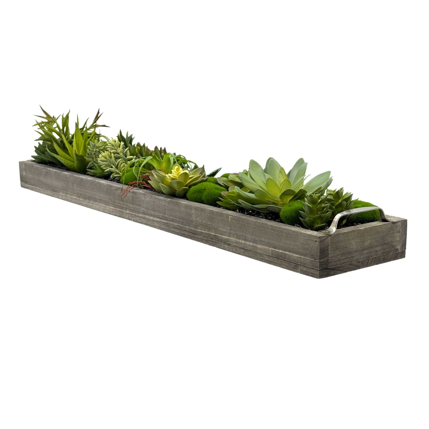 Faux Succulents in 31" Wooden Tray with Handles Black Rocks