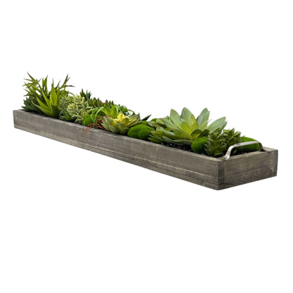 Faux Succulents in 31" Wooden Tray with Handles Black Rocks