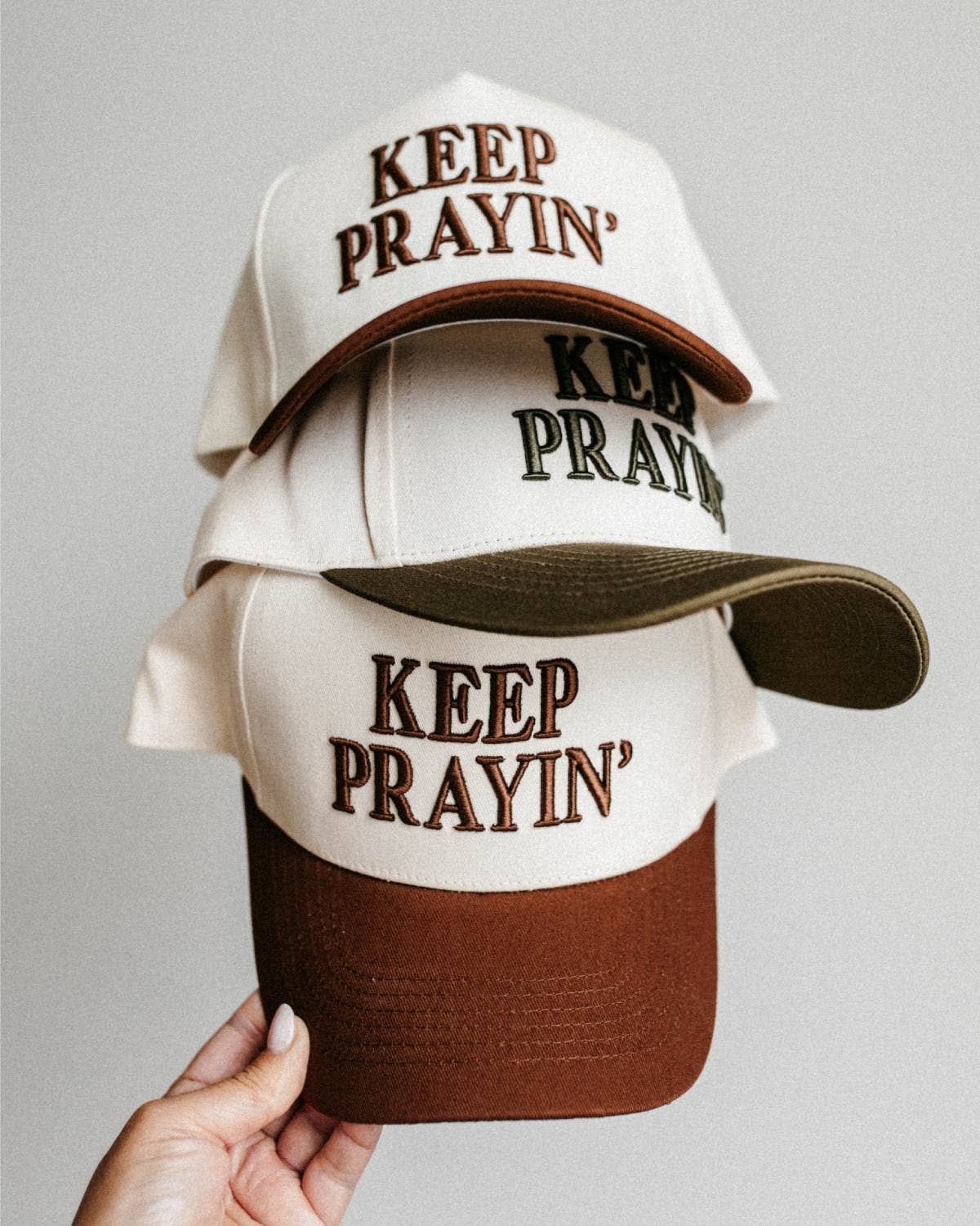 Keep Prayin' Unisex Christian Trucker Hat: Brown