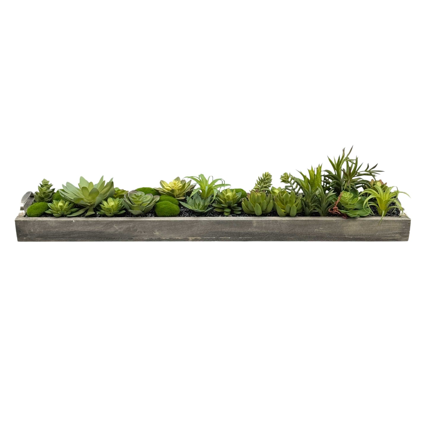 Faux Succulents in 31" Wooden Tray with Handles Black Rocks