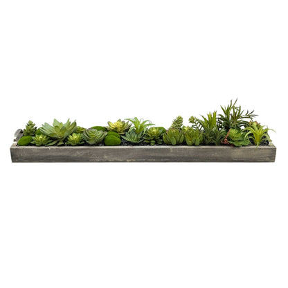 Faux Succulents in 31" Wooden Tray with Handles Black Rocks