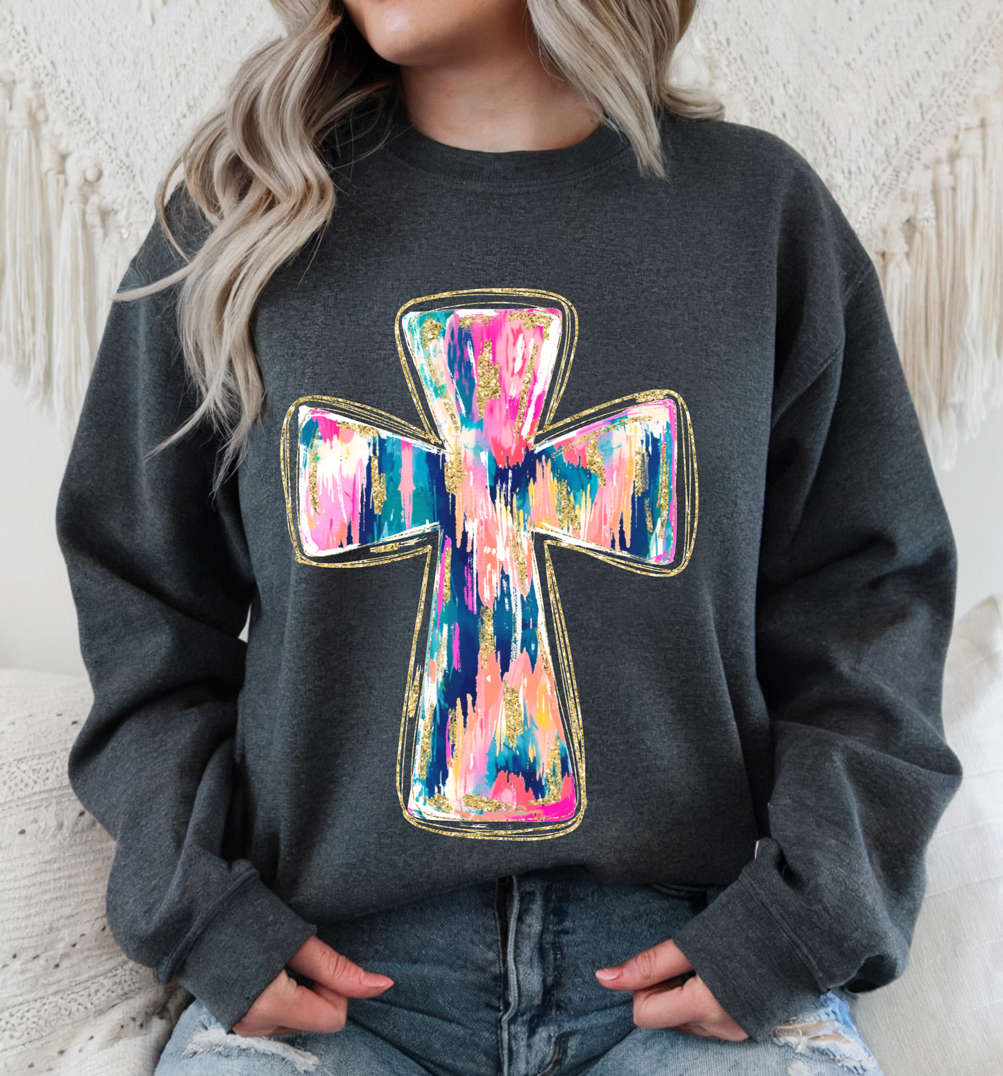 BRUSHSTROKE CROSS CREWNECK TEE/SWEATSHIRT : CHARCOAL GREY / TEE / M