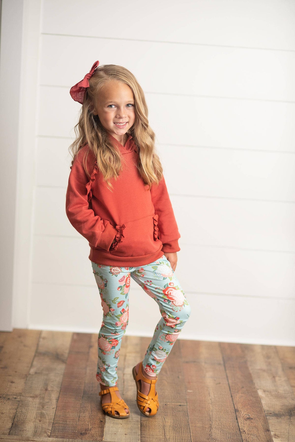 Kids Rust Pocket Ruffle Hoodie Shirt & Leggings Fall Set: 5/6