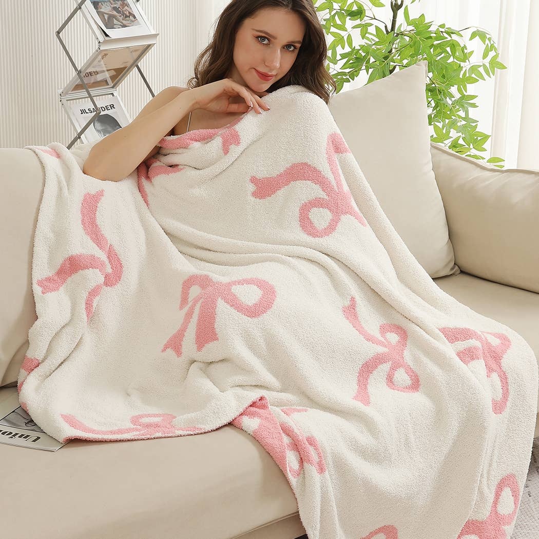 Bow Printed Cozy Soft Throw Blanket : Pink / ONE SIZE