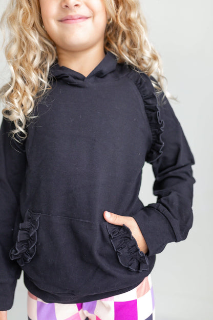 Kids Dark Gray Ruffle Hoodie & Checkered Leggings Fall Set: 7/8