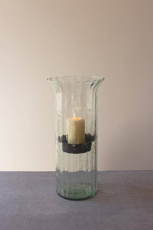 RIBBED GLASS CANDLE CYLINDER W RUSTIC INSERT - LARGE: Clear / Glass/Metal / 7" x 19"t