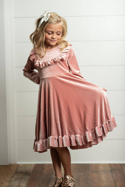 Kids Pink Velvet Ruffle Fancy Winter Christmas Holiday Dress: 7/8