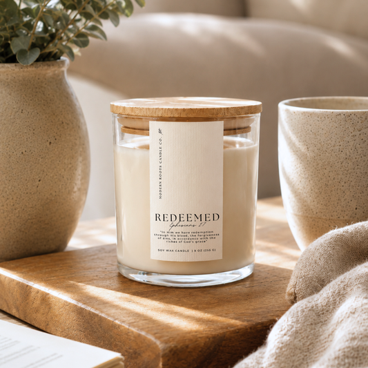 Redeemed | Eucalyptus & Mint | 9 oz. Clear Jar Soy Candle: Natural Wood Lid