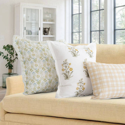 Lucy Hand Painted Block Print Floral Pillow Cover - Gold: 20X20