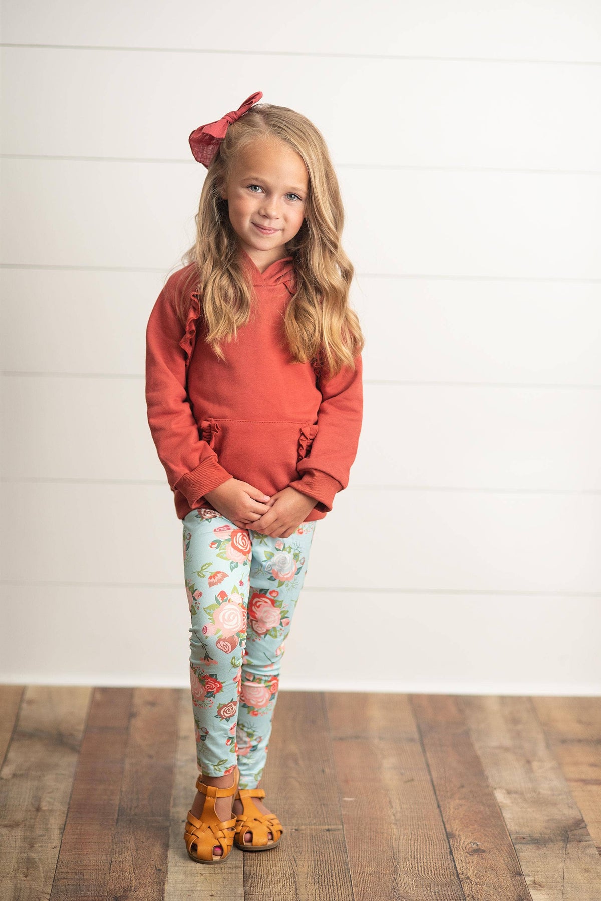 Kids Rust Pocket Ruffle Hoodie Shirt & Leggings Fall Set: 5/6