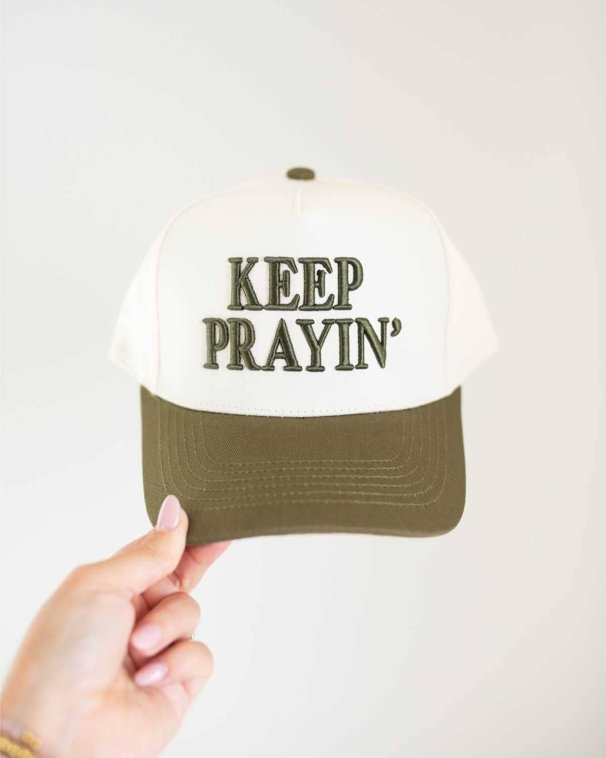 Keep Prayin' Unisex Christian Trucker Hat: Brown
