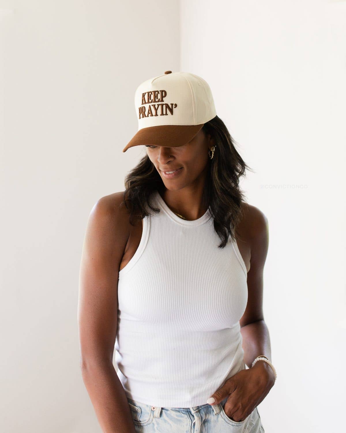 Keep Prayin' Unisex Christian Trucker Hat: Brown