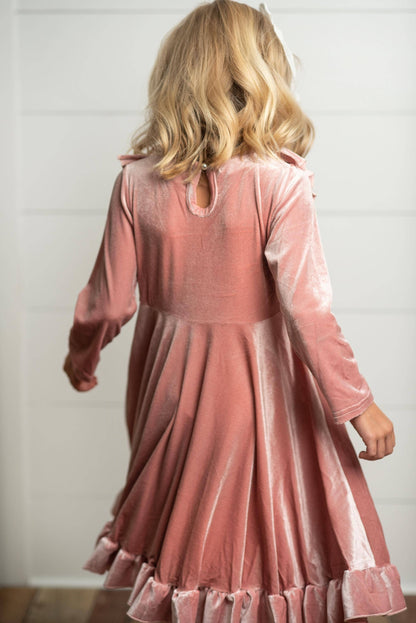 Kids Pink Velvet Ruffle Fancy Winter Christmas Holiday Dress: 7/8