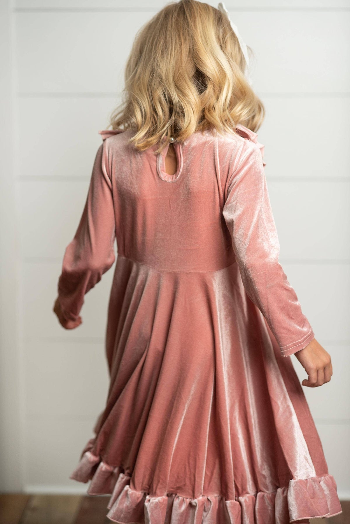Kids Pink Velvet Ruffle Fancy Winter Christmas Holiday Dress: 5/6