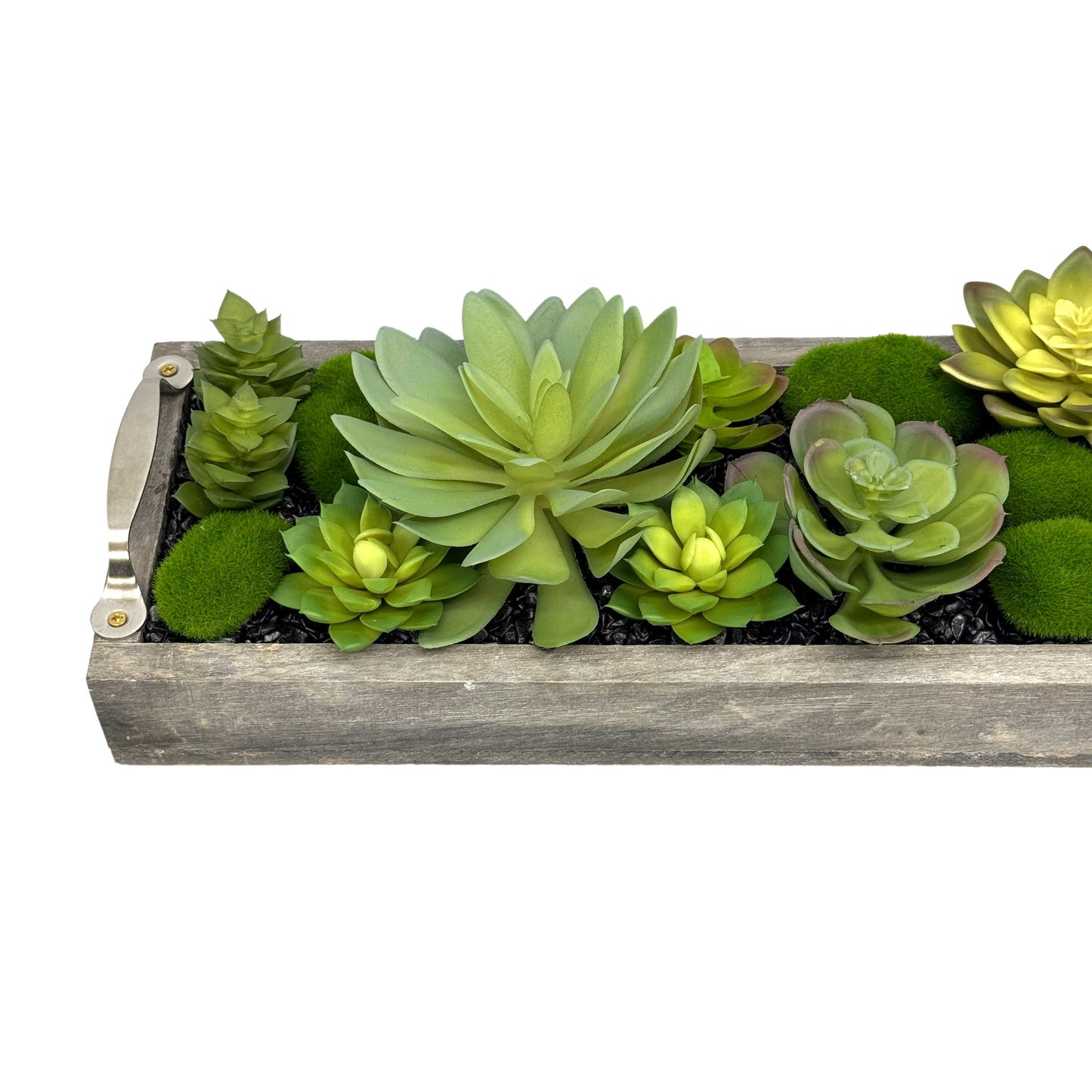Faux Succulents in 31" Wooden Tray with Handles Black Rocks