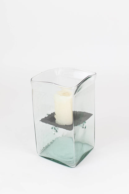SQUARE CANDLE HURRICANE - SMALL: Clear / Glass/Metal / 6.5" x 6.5" x 11"t