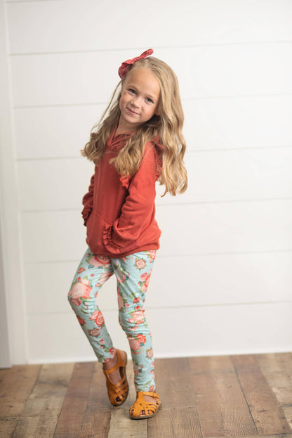 Kids Rust Pocket Ruffle Hoodie Shirt & Leggings Fall Set: 5/6