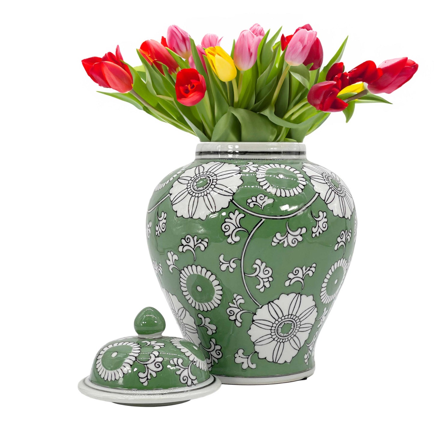 Floral Chinoiserie Ceramic Ginger Jar 12": Rust Red