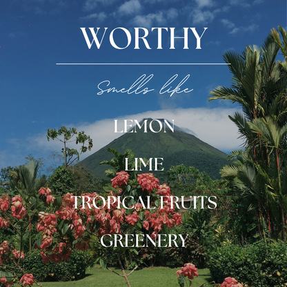 Worthy | Volcanic Island | 9 oz. Clear Jar Soy Candle: Natural Wood Lid