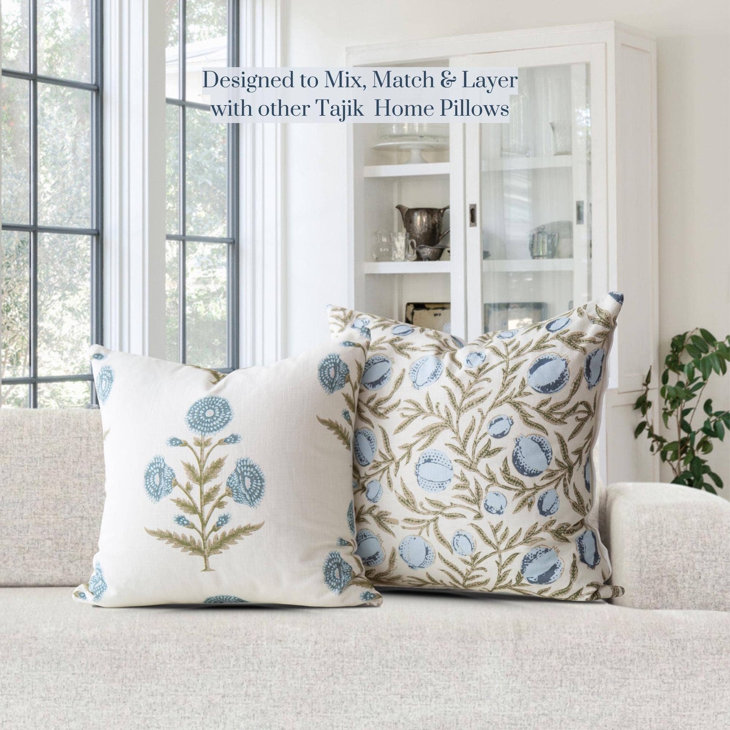 Flora Blue Zinnia Block Print Pillow Cover