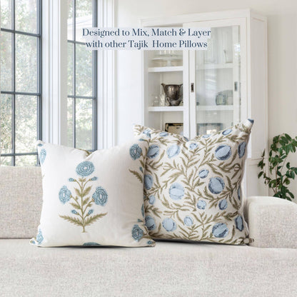 Flora Blue Zinnia Block Print Pillow Cover