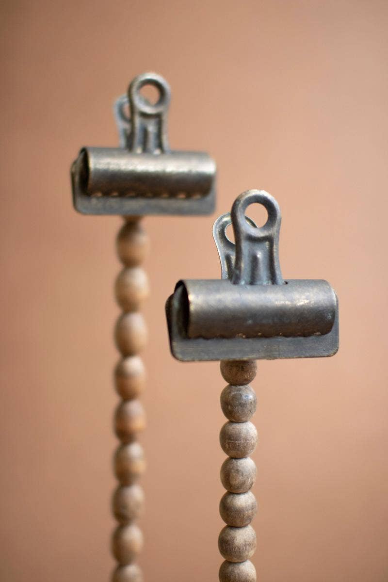 SET OF TWO WOOD BEADS ON A BASE WITH CLIPS: Multi / Wood/Metal / Large: 4" x 4" x 13.5"t; 
Small: 4" x 4" x 11"t