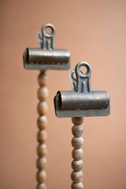 SET OF TWO WOOD BEADS ON A BASE WITH CLIPS: Multi / Wood/Metal / Large: 4" x 4" x 13.5"t; 
Small: 4" x 4" x 11"t