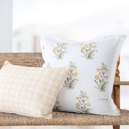 Lucy Hand Painted Block Print Floral Pillow Cover - Gold: 20X20