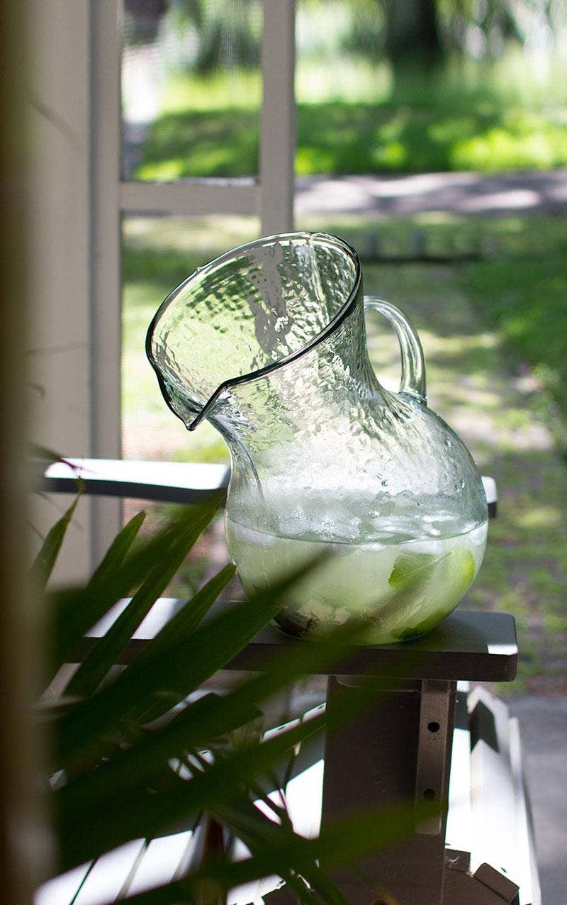 LARGE GLASS TILTED PITCHER: Clear / Recycled Glass / 8" x 12"t