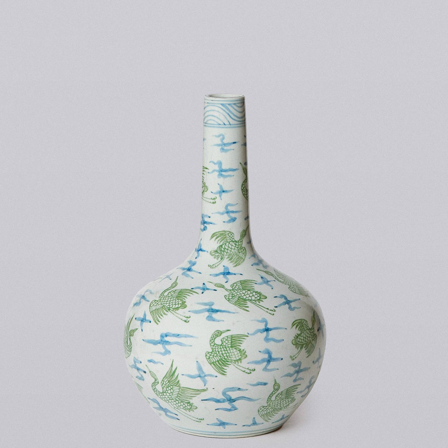 Green and Blue Porcelain Cranes and Clouds Globe Vase