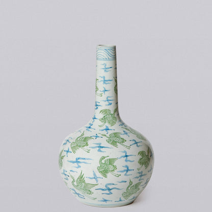 Green and Blue Porcelain Cranes and Clouds Globe Vase