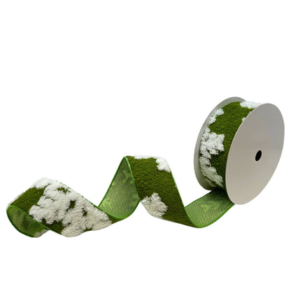 FUZZY GREEN WITH WHITE SNOWFLAKE RIBBON 2.5" X 10YD
