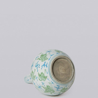 Green and Blue Porcelain Cranes and Clouds Globe Vase