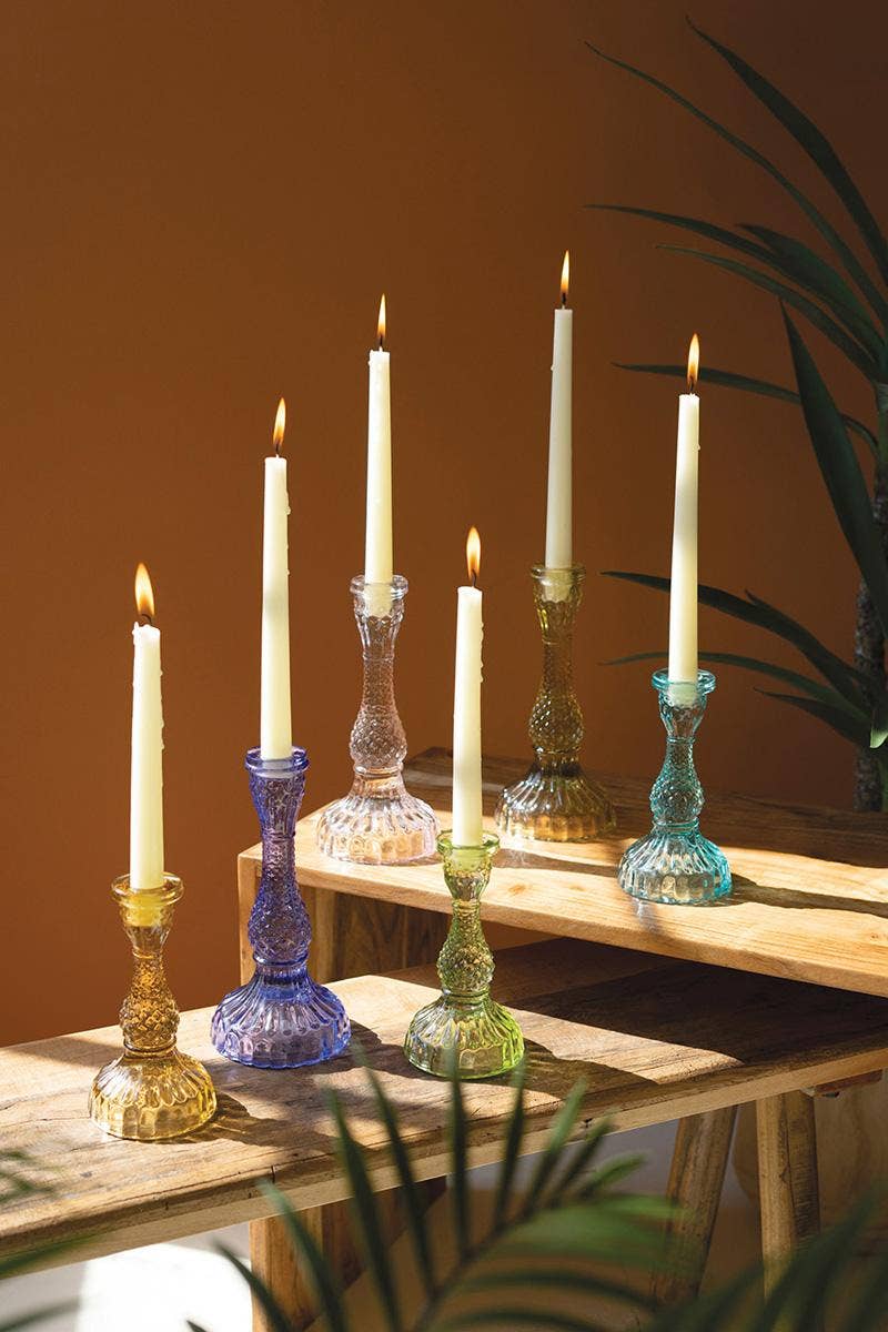 SET OF SIX GLASS TAPER CANDLE HOLDERS: Multi / Glass / Large (3): 4”d x 8.5”t;  
Small (3): 3.5” x 6”t