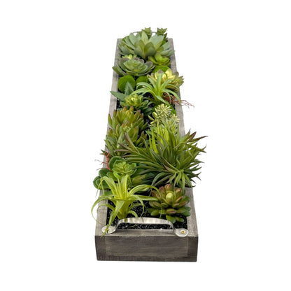 Faux Succulents in 31" Wooden Tray with Handles Black Rocks