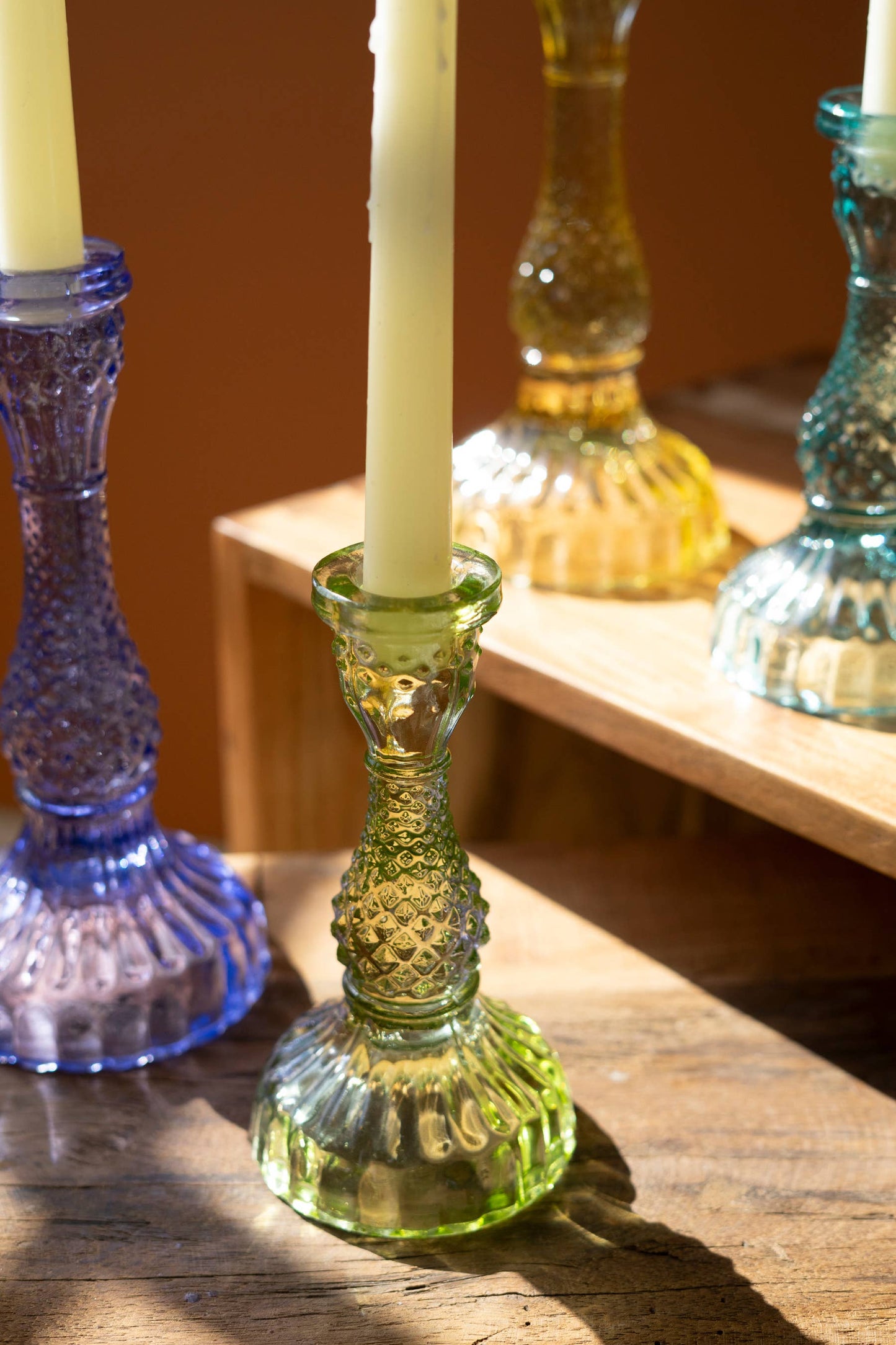 SET OF SIX GLASS TAPER CANDLE HOLDERS: Multi / Glass / Large (3): 4”d x 8.5”t;  
Small (3): 3.5” x 6”t