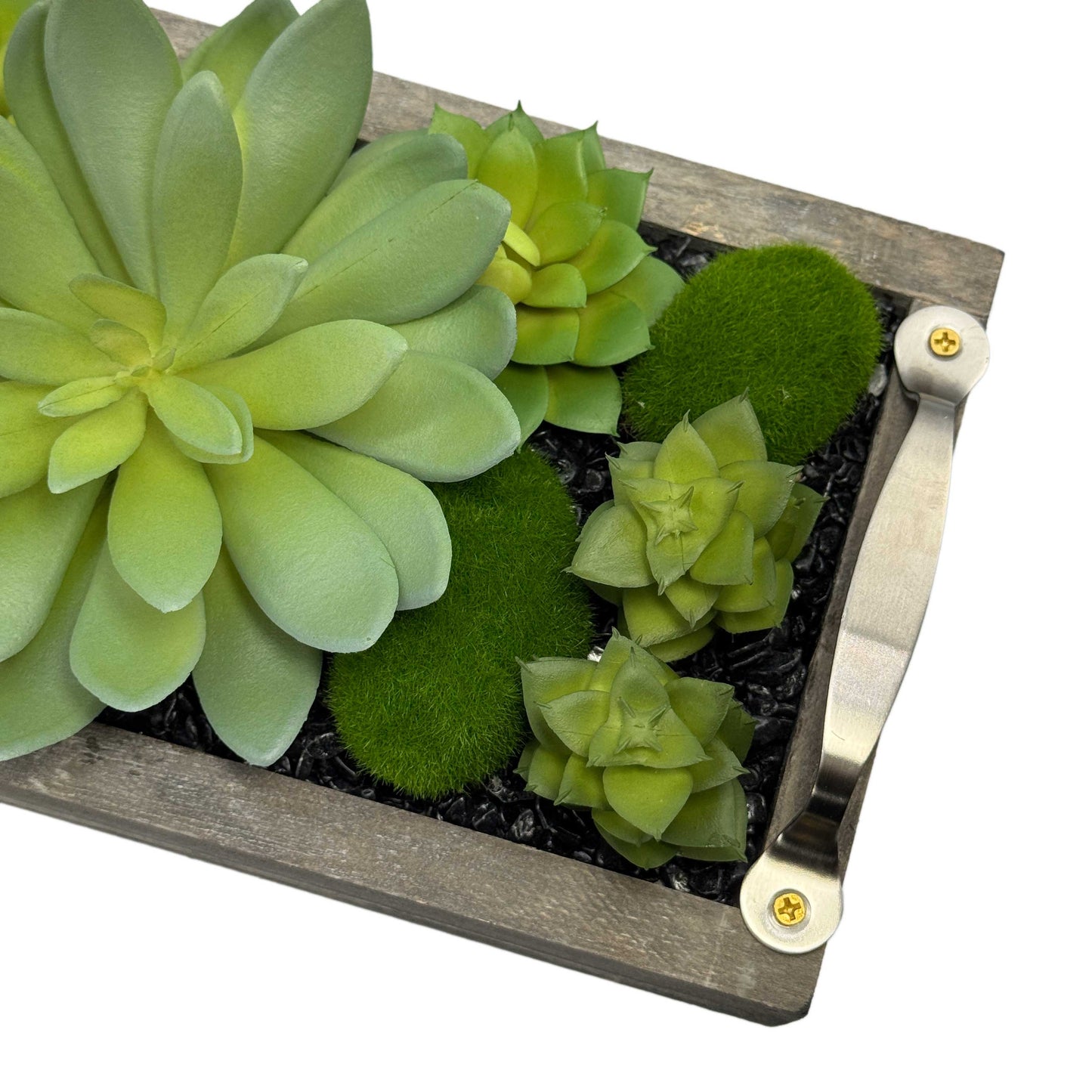 Faux Succulents in 31" Wooden Tray with Handles Black Rocks