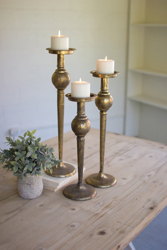 Set of 3 Antique Brass Candlesticks