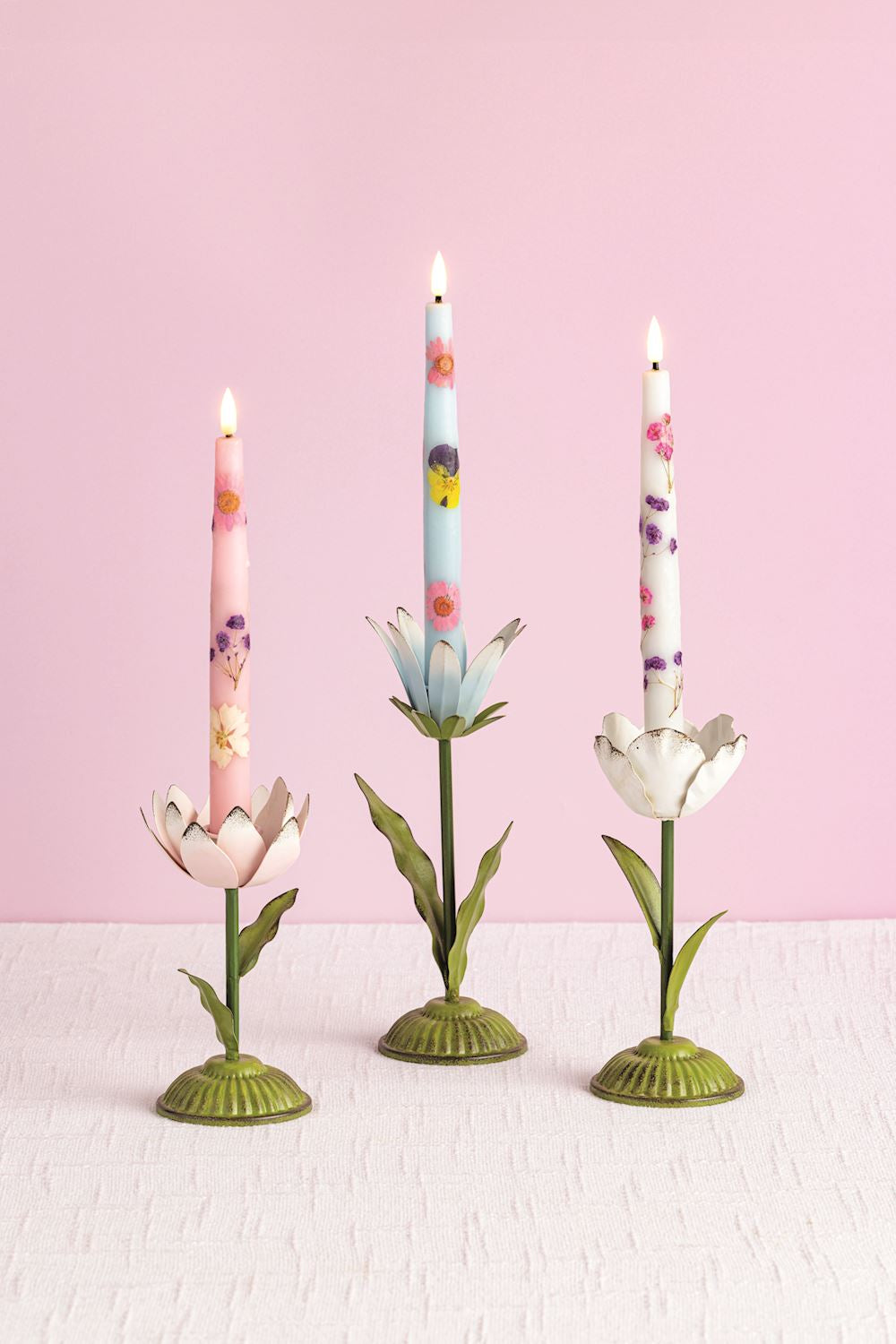 Small Metal Flower Candlestick - Pink
