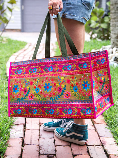 Carry All Tote- Folk Floral Border