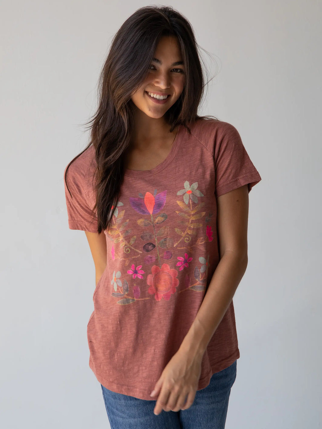 Boho Tee, Small Rust Folk Flower