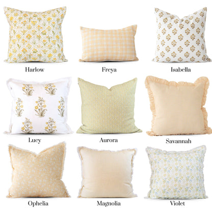 Lucy Hand Painted Block Print Floral Pillow Cover - Gold: 20X20