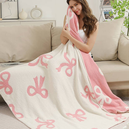 Bow Printed Cozy Soft Throw Blanket : Pink / ONE SIZE