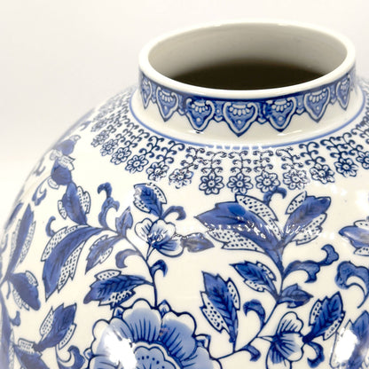 12" Dia Ceramic Globe Chinoiserie Vase Flowers & Home Decor: Blue & White