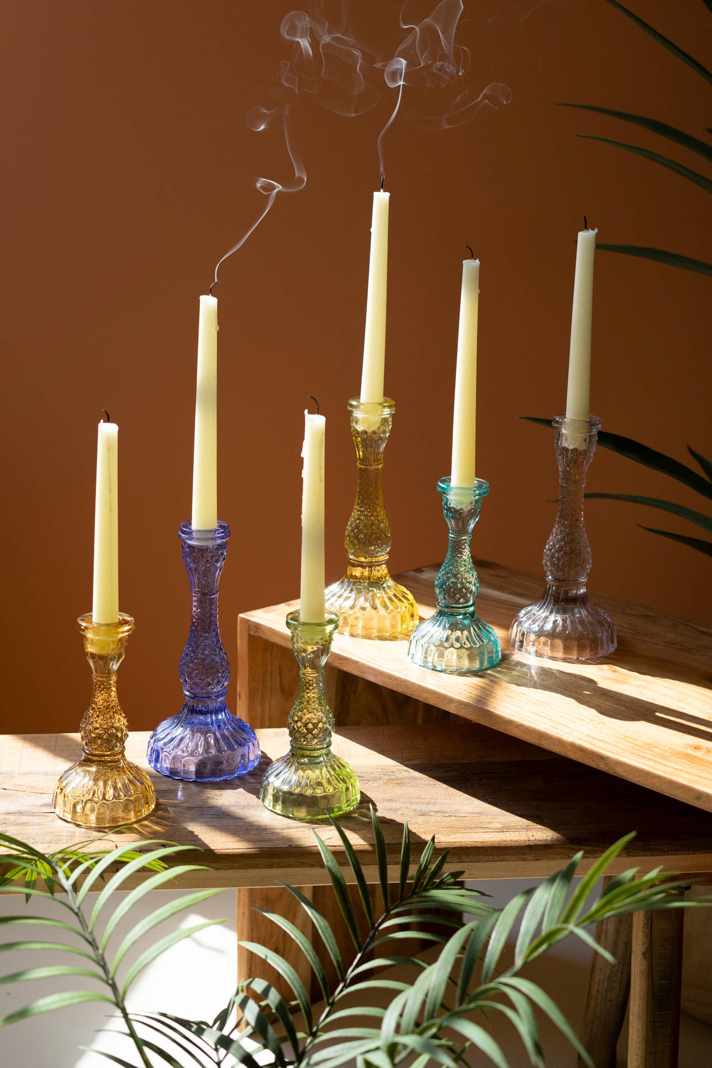 SET OF SIX GLASS TAPER CANDLE HOLDERS: Multi / Glass / Large (3): 4”d x 8.5”t;  
Small (3): 3.5” x 6”t