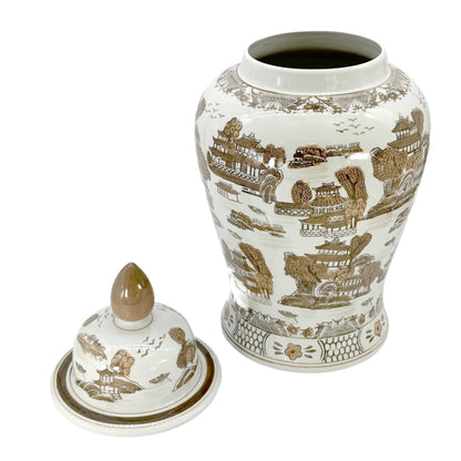 Brown & White Landscape Chinoiserie Ceramic Jar 25"